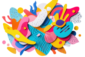 Colorful abstract paper cutout composition with vibrant shapes layered for a dynamic and artistic visual impact. png