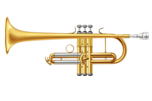 Detailed image of a classic brass trumpet showcasing its gleaming golden finish and intricate design, perfect for music-related projects. png