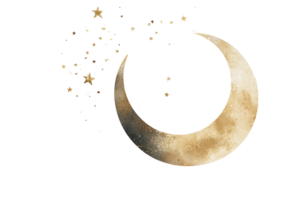 Elegant crescent moon with golden stars on a transparent background, representing night and celestial beauty in minimalist design. png