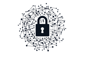 Cybersecurity concept with a central padlock surrounded by digital network lines, symbolizing data protection and secure communication. png