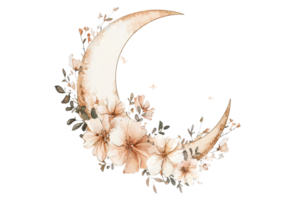 Elegant crescent moon adorned with delicate blooming flowers, creating a serene and enchanting visual for artistic and decorative use. png