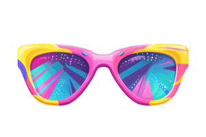 Colorful, retro-style sunglasses with vibrant patterns and reflections, perfect for summer fashion and adding a pop of color to any look. png
