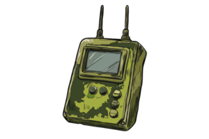 Digital military communication device with antenna, camouflage colors, and buttons for tactical operations. Portable and rugged design. png
