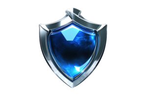 Digital illustration of a glossy blue shield with metallic edges representing security, protection, and defense on a transparent background. png