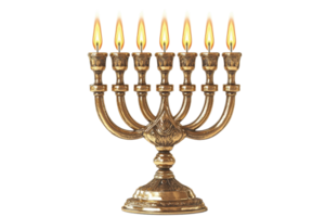 Elegant bronze menorah with nine lit candles, symbolizing the Hanukkah celebration, isolated on transparent background. png