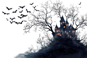 Eerie, spooky haunted house on a hill with glowing windows, surrounded by dark twisted trees and flying bats at night. png