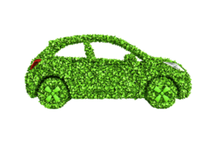 Eco-friendly green car covered in leaves symbolizing sustainability and environmental consciousness on a transparent background. png