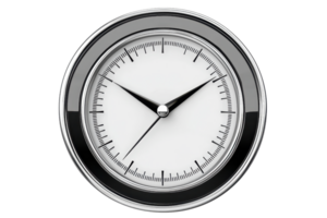 Elegant analog clock with a sleek silver frame and minimalist design, perfect for modern decor and efficient time management. png