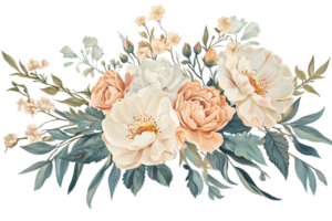 Elegant floral arrangement with soft pastel roses and white flowers, surrounded by delicate greenery, perfect for decorative and design purposes. png
