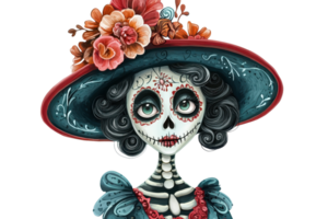 Elegant Day of the Dead skeleton adorned with flowers and a decorative hat, showcasing festive and traditional elements. png