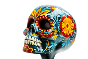 Colorful, intricately designed sugar skull representing Dia de los Muertos, Day of the Dead. Artistic, vibrant, with floral patterns. png