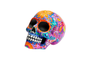Colorful sugar skull with intricate floral patterns, perfect for Day of the Dead celebrations and artistic decorations. png