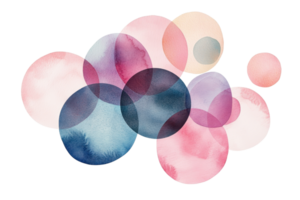 Colorful watercolor circles overlapping in an abstract artistic design with shades of pink, blue, and purple, creating a soft, dreamy effect. png