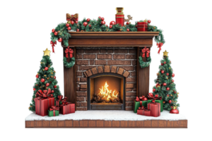 Cozy Christmas fireplace adorned with festive decorations, presents, and two Xmas trees, creating a warm holiday atmosphere. png