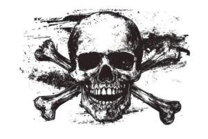 Dark grunge skull and crossbones silhouette on a textured background. Perfect for themes like piracy, danger, or alternative design projects. png