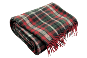 Cozy plaid blanket with vibrant red, green, and white checkered patterns. Perfect for adding warmth and style to any living space or bedroom. png