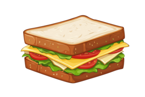 Delicious and colorful cartoon sandwich with layers of lettuce, cheese, and tomato, perfect for menus, food illustrations, and design projects. png