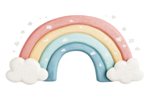Cute pastel rainbow illustration with fluffy white clouds, perfect for nursery decor and adding a touch of whimsy to any setting. png