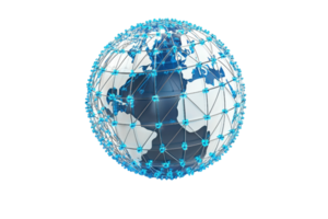 Digital globe representing global network connectivity with interconnected nodes and blue lines on a transparent background. png