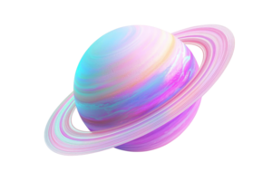 Digital pastel artwork of a planet with rings in a vibrant cosmic scene, showcasing soft colors and ethereal atmosphere against a white backdrop. png