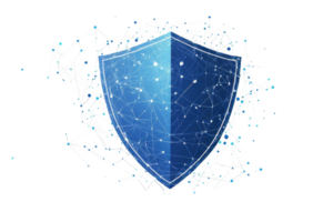 Digital shield with network connections, representing cybersecurity protection and data safety in a connected tech environment. png