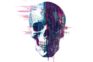 Digital glitch art depicting a skull blending technology and mortality in vivid colors, with fragmented pixels illustrating imperfection. png