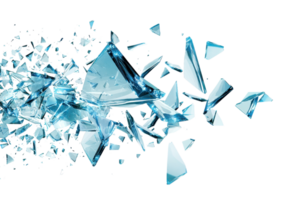 Dynamic image of shattered glass pieces flying through the air, capturing motion and energy. Ideal for concepts of destruction or transformation. png