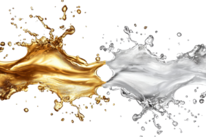 Dynamic splash of gold and silver liquid. Abstract art showing fluid movement and contrasting colors representing luxury and elegance. png