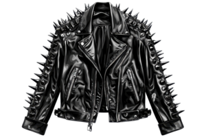 Edgy black leather jacket adorned with spikes, perfect for adding a bold statement to any outfit. Ideal for punk or rock fashion enthusiasts. png