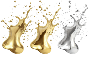 Dynamic splashes of gold and silver liquid with metallic reflections creating a vibrant and artistic visual effect. png