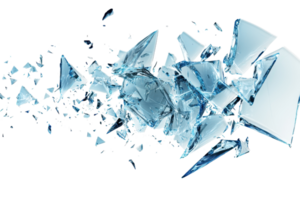 Dynamic shattered glass pieces flying through the air, creating a sense of motion and chaos against a transparent background. png