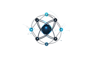 Futuristic digital representation of an atomic structure with glowing elements, showcasing innovation and advanced technology design. png