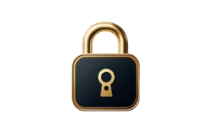 Elegant gold and black padlock symbolizing security and protection in a digital context, isolated on a crisp transparent background. png