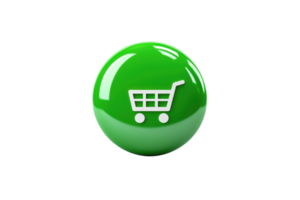 Glossy green icon with a shopping cart symbol, representing online shopping, retail, and e-commerce concepts on a transparent background. png