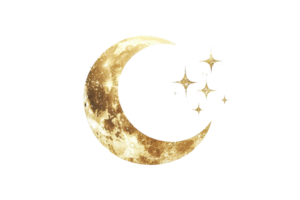 Golden crescent moon with sparkling stars on a transparent background. Mystical celestial design perfect for dreams and night-themed projects. png