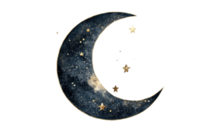 Elegant watercolor crescent moon with scattered stars on a transparent background, perfect for celestial-themed projects and designs. png