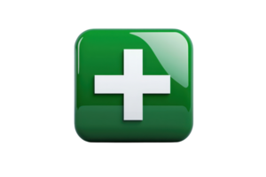 Green square icon with a white plus sign, symbolizing addition, healthcare, or positivity, isolated on a transparent background. for digital use. png