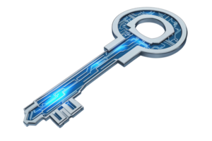 Futuristic digital key with circuit patterns symbolizing cybersecurity and information access. Ideal for tech concepts and digital protection. png