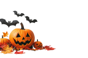 Halloween pumpkins with carved faces and bats, surrounded by autumn leaves. Perfect for seasonal decoration and festive themes. png
