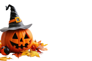 Festive Halloween pumpkin with witch hat, surrounded by autumn leaves, captures the spooky and playful spirit of Halloween celebrations. png