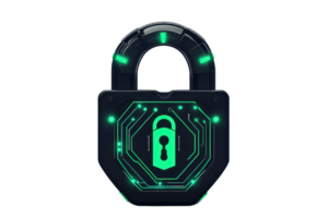 Futuristic digital padlock with glowing green cyber details, symbolizing advanced cybersecurity and digital protection on a transparent background. png