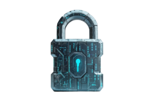 Futuristic digital padlock with glowing circuits representing cyber security and data protection in a high-tech environment. png