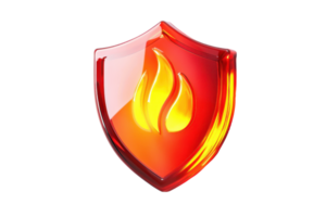 Glossy red shield icon with flame symbol, representing fire protection, security, and safety in a modern digital design. png