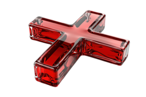 Glossy red 3D glass plus sign, isolated, on transparent background. Modern, abstract design perfect for health, positivity, or mathematics contexts. png