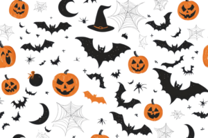 Halloween-themed pattern with pumpkins, bats, hats, and webs on a transparent background. perfect for festive decorations or backgrounds. png