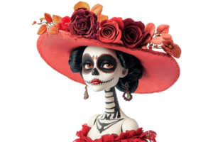 Elegant skeleton figure adorned with a red floral hat, celebrating Day of the Dead festivities with intricate makeup and traditional attire. png