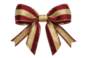 Elegant red and gold ribbon bow perfect for gift wrapping and festive decoration. Adds a touch of luxury to any package or holiday craft. png