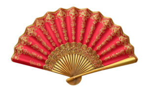 Elegant red and gold hand fan with intricate floral patterns, showcasing traditional Asian craftsmanship and design, isolated on transparent background. png