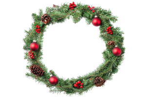 Festive Christmas wreath adorned with red ornaments, pine cones, and greenery, perfect for holiday decor and seasonal celebrations. png