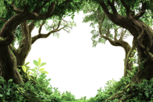 Enchanted forest frame with lush green trees forming a natural arch, creating a mystical and inviting atmosphere in nature. png